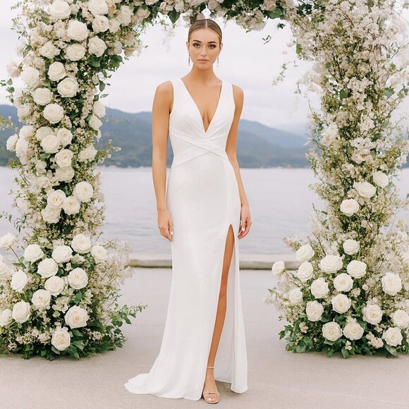 Mac Duggal Dresses & Skirts - NWT Mac Duggal V-Neck Sequin Wrap Waist Gown White 8 #7667